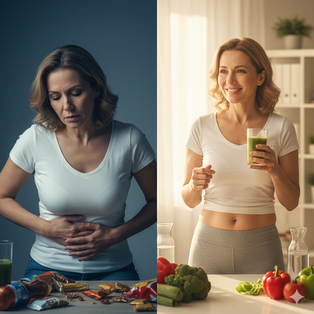 Comparación del ambiente interno del cuerpo: inflamación por estrés vs metabolismo eficiente y bienestar